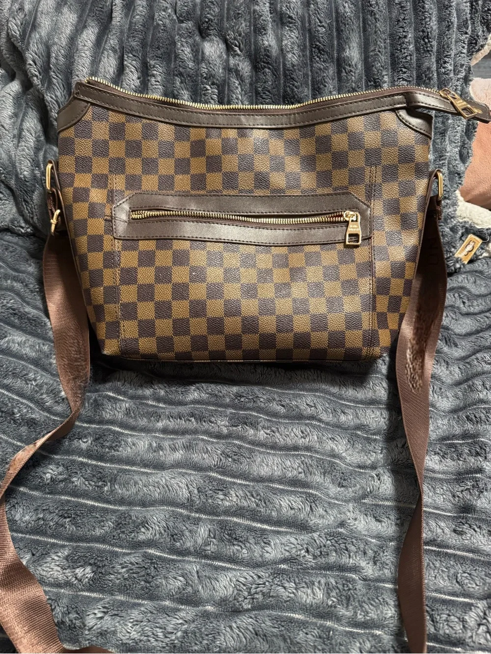 Brown Checkered Canvas Shoulder Bag AND wallet SET with Gold Hardware